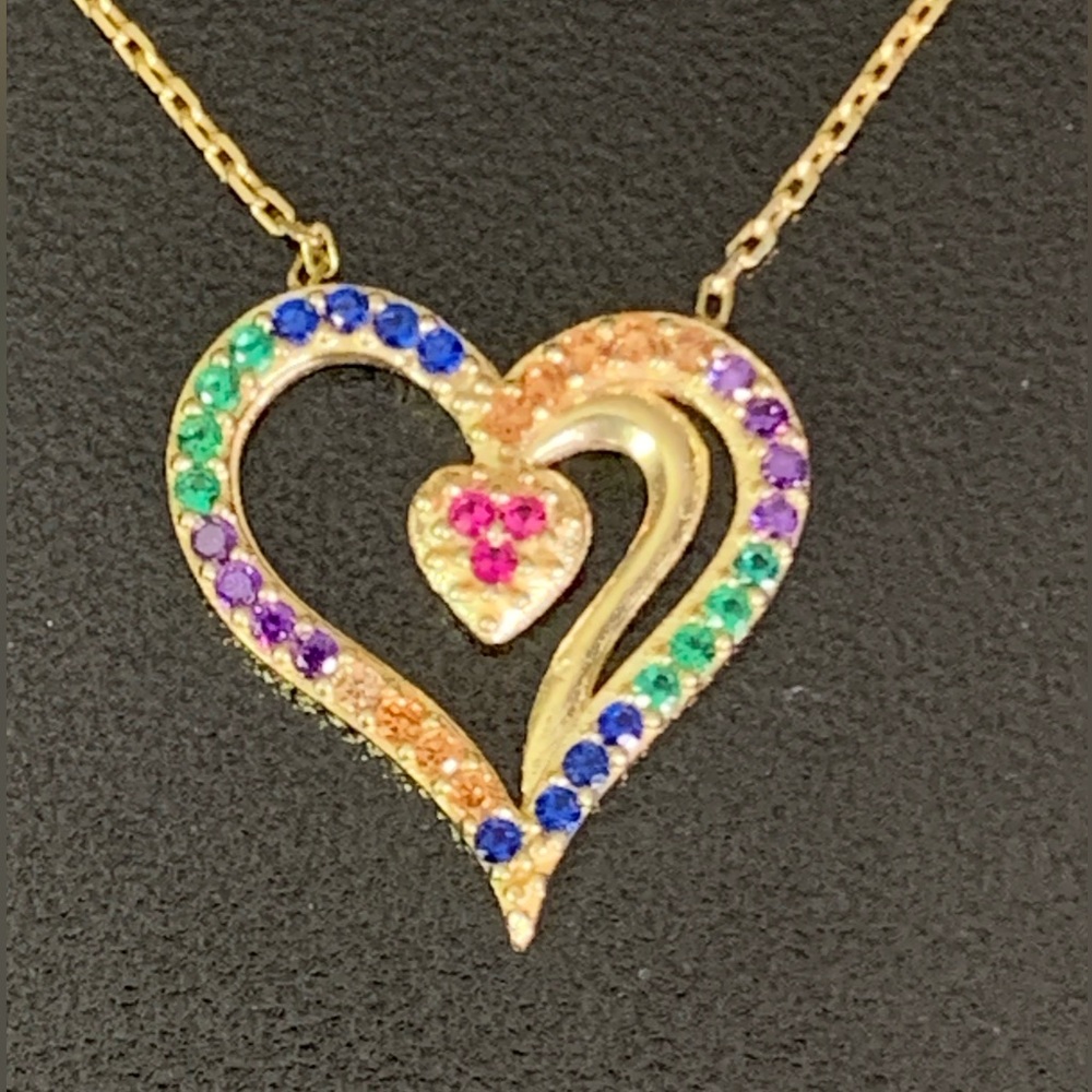 Gold Plated Over TR 925 Sterling Silver Multi-color CZ Heart Chain Necklace